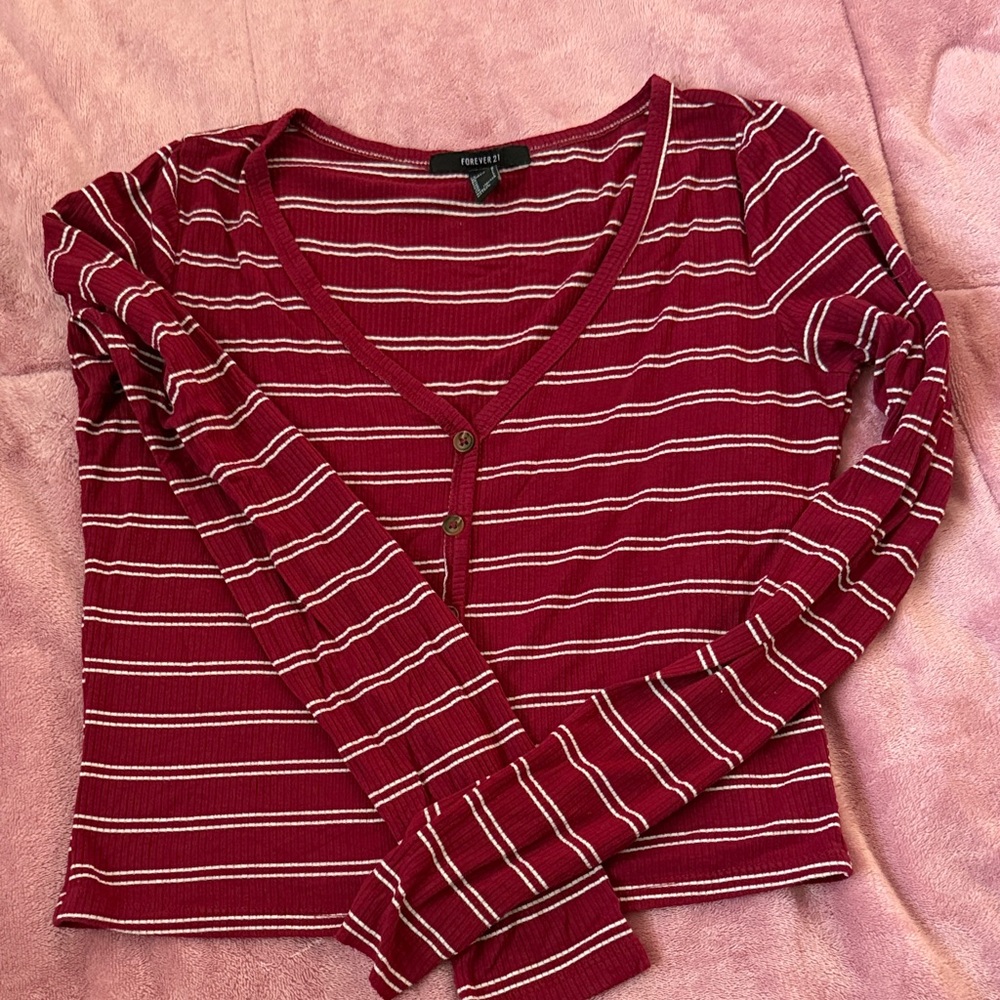 Forever 21 Burgundy Striped Long Sleeve Top